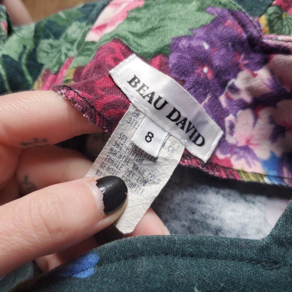 Vintage 80's Forest Green Floral A Line Fit and Flare Half Sleeve Midi Dress - Picture 6 of 12